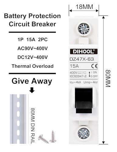 DIHOOL AC/DC Miniature Circuit Breakers, 2 Pack, Single Pole 15 Amp, 12V 24V 48V 400V, Non Polarized, Solar Disconnect Switch, DIN Rail Mount, RV Battery Isolator, PV Array MCB, Thermal Magnetic Trip