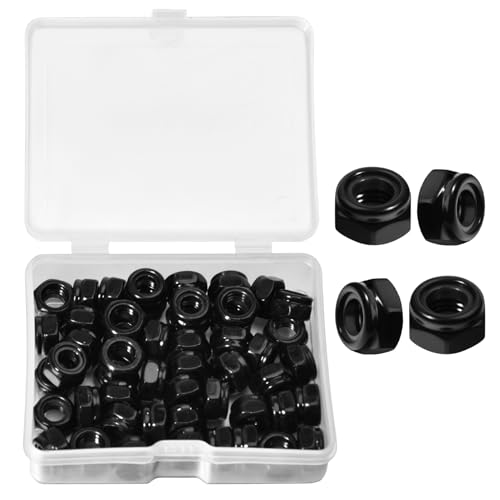 50Pcs M5 x 0.8mm Locknuts, Metric Self-Lock Nylon Inserted Hex Lock Nuts Black Zinc Plated 304 Stainless Steel Self Clinching Nut for Auto, Machine, Furniture, Tiny Nut with Storage Box - size: M5-Black