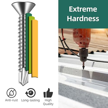 300pcs #10 x 3/4 Sheet Metal Self Tapping Screws Assortment Kit, 410 Stainless Steel Flat Head High-Strength Fast Self-Drilling Screws, Bright Finish - size: #10x3/4"