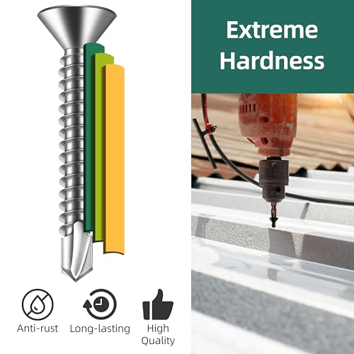 100pcs #10 x 2 Sheet Metal Self Tapping Screws Assortment Kit, 410 Stainless Steel Flat Head High-Strength Fast Self-Drilling Screws, Bright Finish - size: #10x2"