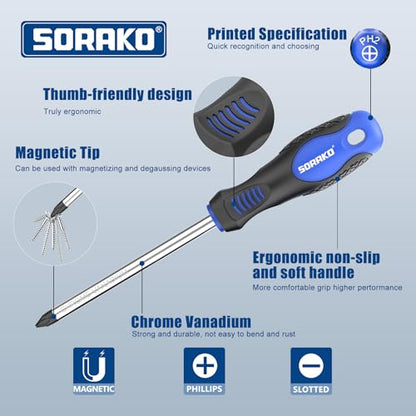 SORAKO 12 Piece Magnetic Screwdriver Set 5 Phillips and 5 Flat 1 Magnetising Tool 1 Storage Bag Professional Cushion Grip Hand Tools Set for Fastening and Loosening Seized