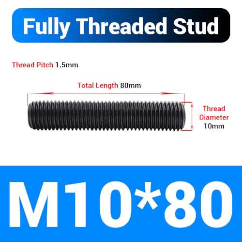 20pcs M10*80mm Fully Threaded Stud, Grade 8.8 Carbon Steel Black Oxide Finish Long Threaded Rod Bar for Furniture Industrial Maintenance Connection Fasteners - size: M10*80-20PCS