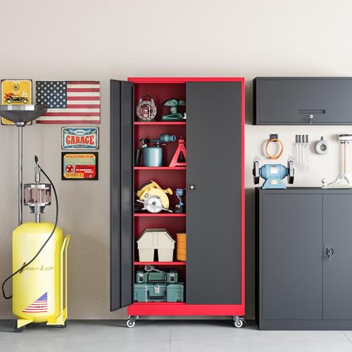 RAVIGIN Metal Garage Storage Cabinet with Wheels, 75" H Locking Tool Cabinet with 2 Doors and 4 Adjustable Shelves, Tall Cabinet for Garage, Heavy Duty File Cabinet for Office, School (Red Black) - color: Black & Red, size: 75 IN with Weels