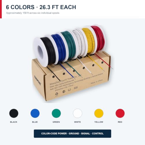 `TUOFENG 20 AWG Solid Wire Kit, 6 Colors, Tinned Copper, 26.3 ft Each, PVC - size: 20 AWG Solid Wire 6 Colors 26ft Each (156ft Total)