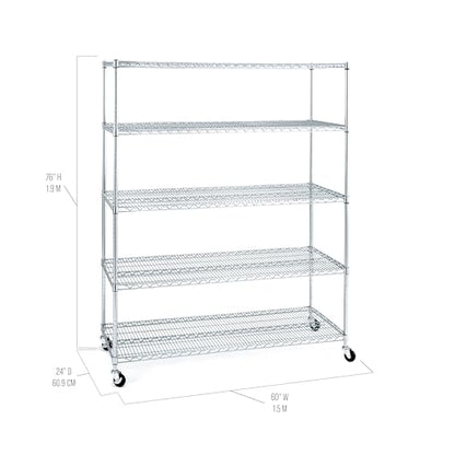 Seville Classics UltraDurable Heavy Duty NSF Solid Steel Wire Rack Storage Unit Wheels, 5-Tier Shelving, 60" W x 24" D - color: Steel, size: 5-Tier Shelving, 60" W x 24" D