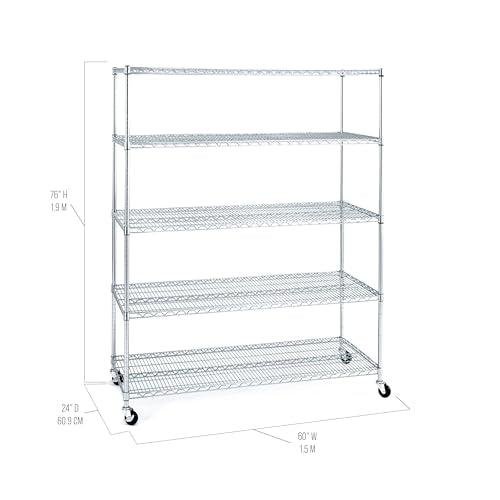 Seville Classics UltraDurable Heavy Duty NSF Solid Steel Wire Rack Storage Unit Wheels, 5-Tier Shelving, 60" W x 24" D - color: Steel, size: 5-Tier Shelving, 60" W x 24" D