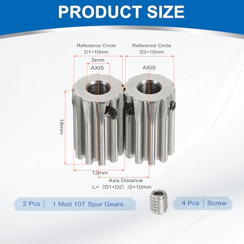 uxcell 2Pcs 1 Mod 10T Spur Gear 5mm Bore, 304 Stainless Steel Pinion Gear - size: 1 Mod 10T, 5mm