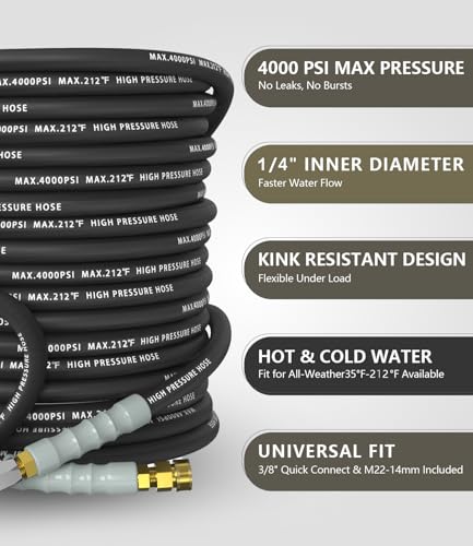 Pressure Washer Hose 200FT with 3/8'' Quick Connect, 4200 PSI - color: Black, size: 200FT