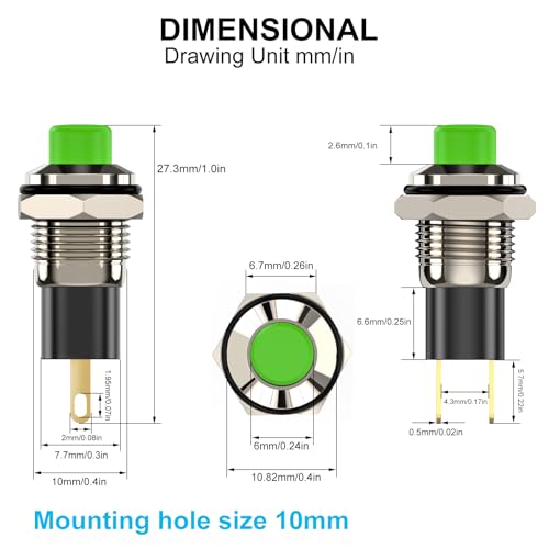 Push Button Switch, Self Locking Mini Switches Latching 10mm Round DC24V 0.5A Green Cap 5PCS - style: Green