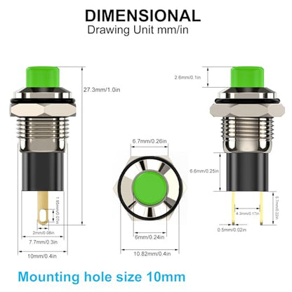 Push Button Switch, Self Locking Mini Switches Latching 10mm Round DC24V 0.5A Green Cap 5PCS - style: Green