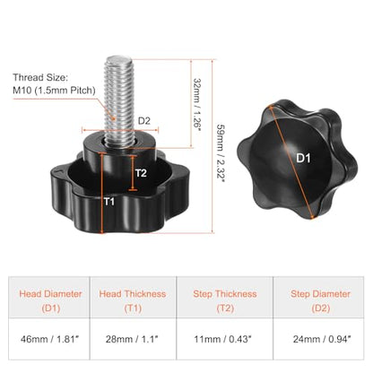 HARFINGTON 2pcs Star Knobs M10 x 32mm 304 Stainless Steel Threaded Stud 46mm Plastic 6-Star Head Hand Tightening Thumb Screw Clamping Jig Knob Handle, Black - size: M10 x 32mm x 46mm