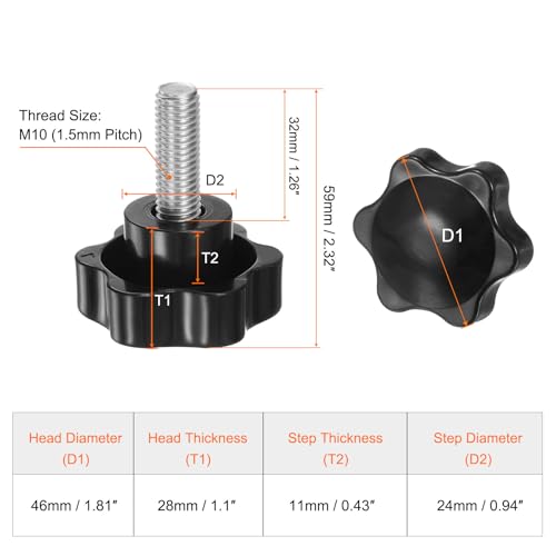 HARFINGTON 2pcs Star Knobs M10 x 32mm 304 Stainless Steel Threaded Stud 46mm Plastic 6-Star Head Hand Tightening Thumb Screw Clamping Jig Knob Handle, Black - size: M10 x 32mm x 46mm