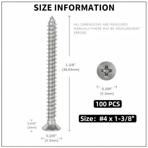 #4 x 1-3/8 [100 Pack] Flat Head Phillips Drive Self Tapping Screws, Sheet Metal Screws, 304 Stainless Steel (18-8), Corrosion Resistant Screws for Wood, Sheet Metal and More - size: #4 x 1-3/8