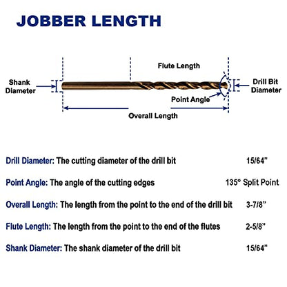 15/64-Inch Cobalt Steel M35 Jobber Length Twist Drill Bits for Hard Metal, Stainless Steel, Pack of 12 - size: 15/64 in