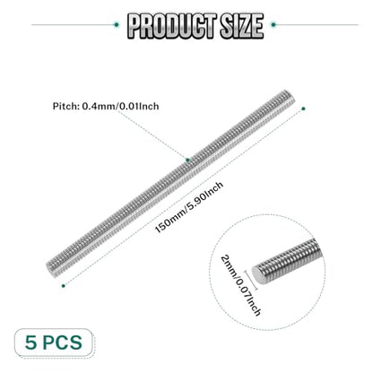 5Pcs Fully Threaded Rod & Studs, M2 x 150mm Long Threaded Screw, 0.4mm Thread Pitch, 304 Stainless Steel Right Hand Thread Bar Studs for Furniture Machinery Assembly - size: M2 x 150mm