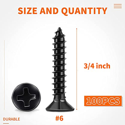 TPOHH 100 PCS #6 X 3/4 inch Stainless Steel 18-8 (A2) Wood Screws, Black Coated Flat Head Phillips Full Threaded No.6 X 0.75 Length Screw, KA35X19SS18-8 - size: #6 X 3/4 inch
