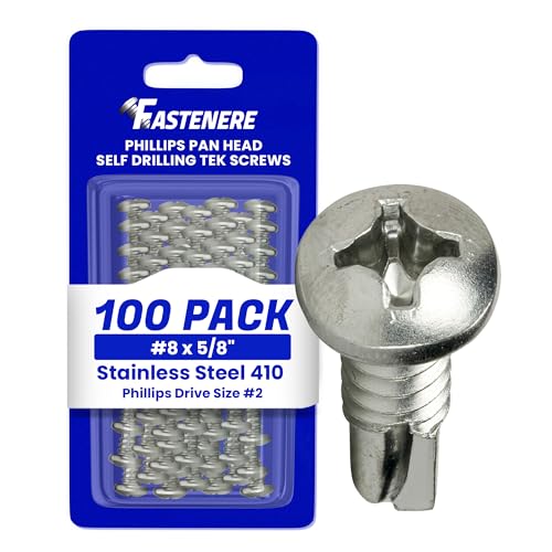 Fastenere Pan Head Self Drilling Tek Screws - #8 x 5/8" (100 Pack) Stainless Steel 410, Full Thread, Bright Plain Finish, Corrosion-Resistant, Self-Drilling, Easy to Install w/Phillips Drive Size #2 - size: #8 x 5/8" (100 Pack)