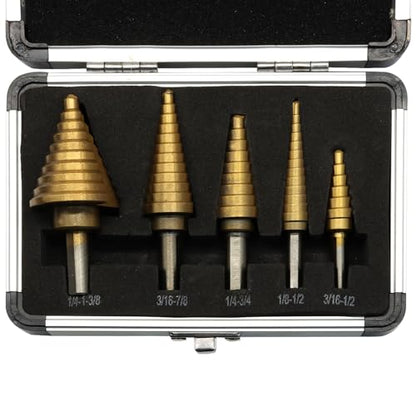 Titanium Step Drill Bit Set, Yellow, 5PCS, 3/16" to 1-3/8" - color: Yellow