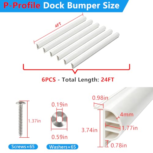 Dock Bumpers 4FT/12FT/16FT/24FT, Boat Dock Bumpers for Edging with Stainless Steel Screws and Washers, Dock Fenders Boat Dock Guards P-Profile Heavy Wall for Edge Protection 1/3/4/6 Pack Multi Color - color: White, size: 24FT
