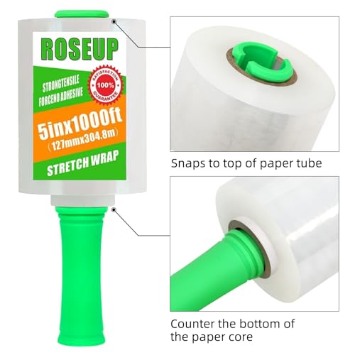 Clear Stretch Wrap Film 5" x 1000ft Roll with Handle, 80 Gauge Thick Cling Plastic Wrap for Moving, Pallet Wrap, Self Adhering Packaging Heavy Duty Shrink Film, 4 Pack