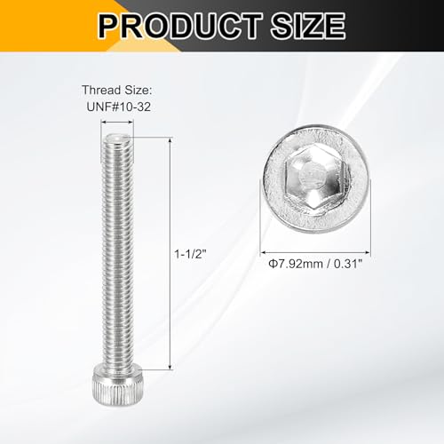 PATIKIL #10-32 x 1-1/2" Socket Head Cap Screws Bolts, 20Pcs 304 Stainless Steel Hex Head Metric Screws for Door Road Bicycle Mountain Bike Auto Ship Communication Equipment, Silver - size: 1-1/2 inch
