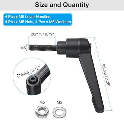 uxcell 4pcs Lever Adjustable Handles M5 x 20mm Metric Male Thread with Nuts Washers, Level Clamping Handle Set Hand Stud Knobs Rotating Screw Handles Bolts with Locking Lever, Black - size: M5 x 20mm