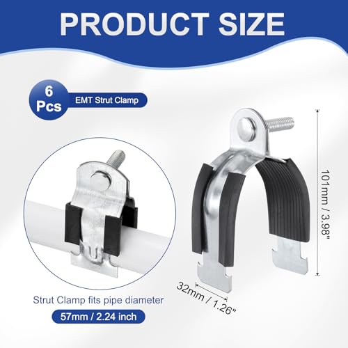 HARFINGTON 6pcs Rubber Cushion Strut Clamp 2-1/4" Universal Carbon Steel Strut Clamps with Bolt and Nut for Copper PEX Pipes CVPC Tubing, Silver Black - size: 2-1/4"