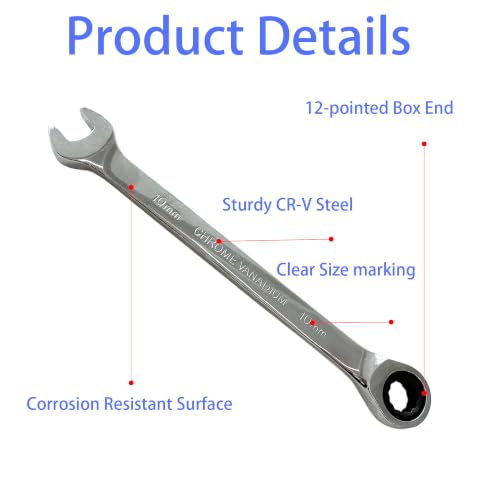 2PCS 10mm Metric Ratcheting Combination Wrench Set, 72-Tooth Industrial Grade Chrome Vanadium Steel Gear Spanner with 12-Point Box End Design for Professional Mechanics - size: 10mm
