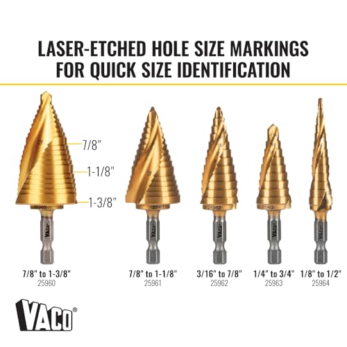 Klein Tools 25960 Step Drill Bit, 7/8 to 1-3/8-Inch, Spiral Double-Fluted, Cut Thin Metal, Plastic, Aluminum, Wood, 1/4-Inch Hex Shank, VACO