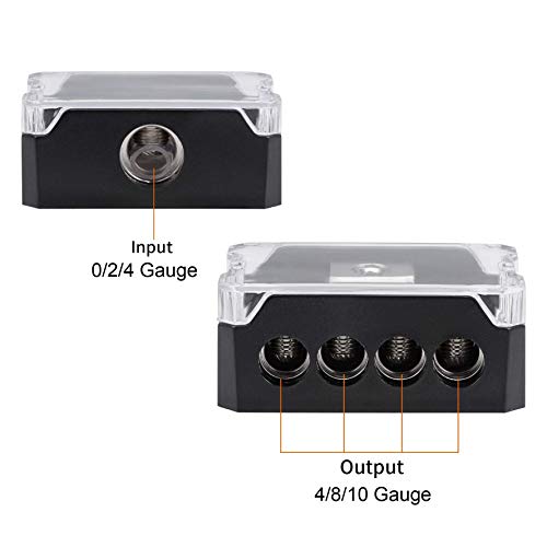 4 Way Power Distribution Block, 1x 0/2/4 AWG Gauge in / 4X 4/8/10 Gauge Out Amp Power Distribution Ground Distributor Connecting Block for Car Amplifier Audio Splitter 2 Pack