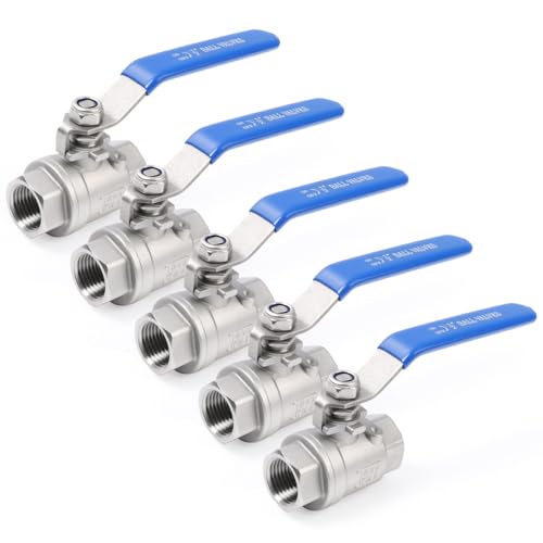 304 Stainless Steel 1/2" NPT Ball Valve – Heavy Duty, Precision Machined Threads for Leak-Proof Seal, Full Port, Quick Positioning Handle, 1000 WOG for Water Oil Gas, 5-Pack - size: 0.5 Inch