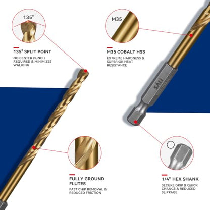 SALI Cobalt Drill Bit Set,10 Pack 7/32 Inch High Speed Steel Hex Shank Jobber Drill Bits, for Hardwood, Aluminum,Metal,Copper,Alloyed Steel - size: 7/32 in