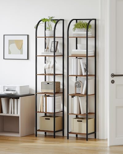 Hzuaneri Bookshelf Narrow Bookcase, Tall Storage Rack with Steel Frame - color: Rustic Brown, size: 11.8 × 13.2 × 71.9 inch