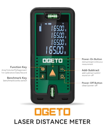 Laser Measure, Ogeto 165 Feet Digital Laser Distance Meter with 2 Bubble Levels,M/in/Ft Unit Switching Backlit LCD and Pythagorean Mode, Measure Distance, Area and Volume