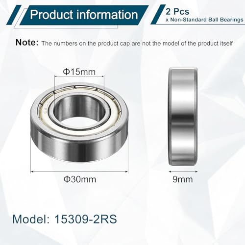 uxcell 2Pcs 15309-ZZ Non-Standard Ball Bearings 15mm ID x 30mm OD x 9mm Thickness Bearings Double Rubber Sealed Chrome Steel Bearing for Industrial Machinery
