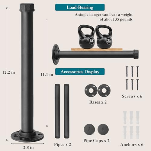 Cast Iron Wall Mounted Clothes Rack, Heavy Duty Industrial Pipe Clothing Rack for Hanging Clothes, Garment Racks for Wardrobe Organizers and Storage, DIY Closet Rods Closet Bar (Black 2 Pack, 12 in) - color: Black 2 Pack, size: 12 in