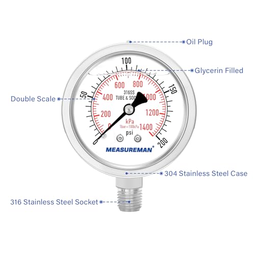 MEASUREMAN Fully Stainless Steel Hydraulic Glycerin Filled Pressure Gauge, 2-1/2" Dial Size,0-200psi/kpa,1/4" NPT Lower Mount - size: 0-200 psi, style: Lower Mount(100% Stainless Steel)