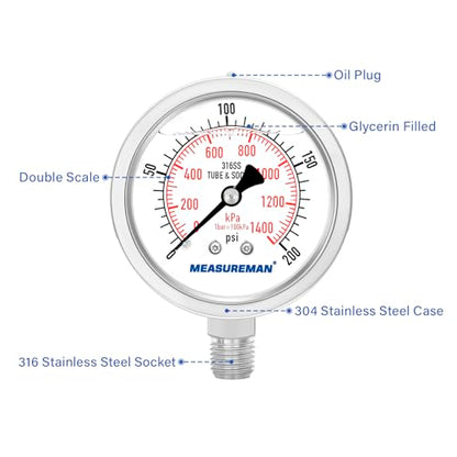 MEASUREMAN Fully Stainless Steel Hydraulic Glycerin Filled Pressure Gauge, 2-1/2" Dial Size,0-200psi/kpa,1/4" NPT Lower Mount - size: 0-200 psi, style: Lower Mount(100% Stainless Steel)