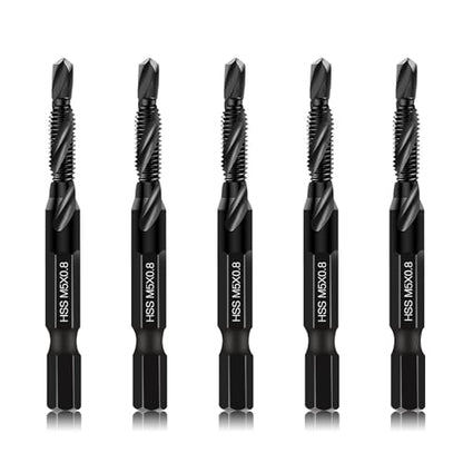 DKIBBITH 6 Packs M5 Combination Drill & Taps Bit Set, Screw Threading Tapping Tools in Size M5*0.8 with Anti-Rust Black Coating, 1/4" Hex Shank and Storage Case - size: M5x0.8