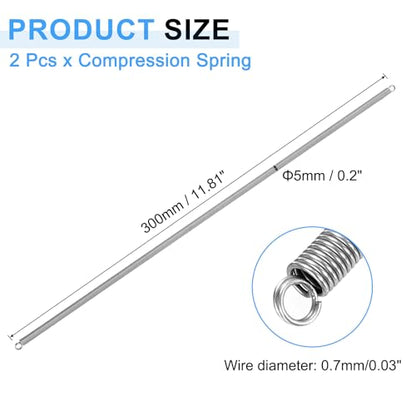 uxcell 2Pcs Extension Springs, 0.7x5x300mm/0.03x0.2x11.81in 304 Stainless Steel Extended Compression Spring Steel Dual Hook Tension Springs for Machinery Construction Home Repairs - size: 0.7x5x300mm