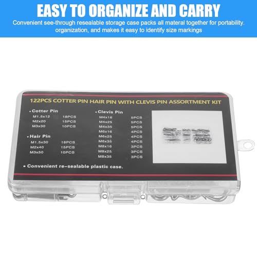 122Pcs Cotter Pin Hair Pin Clevis Pin Assortment Kit,R Clips Retaining Hair Pins Assortment, Including Single Hole Clevis Pin&Split Cotter Pin&R Clip Hitch Pin for Trailer Latch, Zinc-Plated