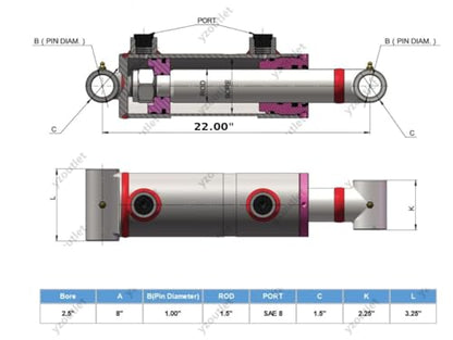 Welded Tube Cross Cylinder for Double Acting - Double Acting Welded Hydraulic Cylinder, 2.5" Bore, 14" Stroke