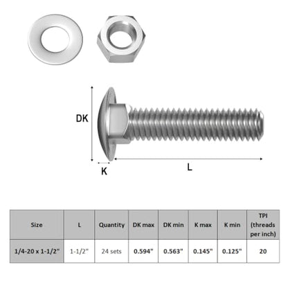VGBUY 1/4-20 x 1-1/2" Carriage Bolts Screws 24 Sets, 304 Stainless Steel 18-8, Round Head Square Neck, Carriage Bolts and Nuts Kit, with Flat Washers - size: 1/4-20 x 1-1/2" (24 Sets)