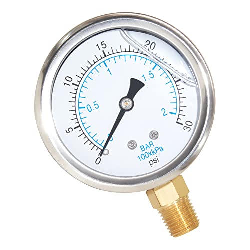 2-1/2" Dial 1/4" NPT 0~30Psi 304 Stainless Steel Glycerin Filled Pressure Gauge Bottom Mount - size: 0-30Psi (liquid filled), style: Lower Mount-1/4"NPT