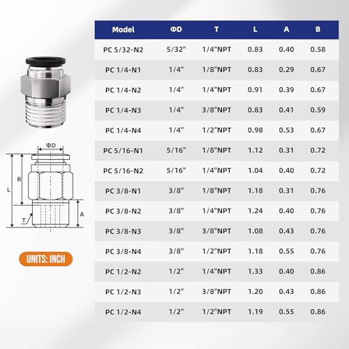 1/2 Push to Connect Fittings npt Thread to 3/8 Air Line Quick - size: 3/8"OD x 1/2"NPT