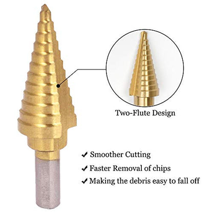 Saiper Titanium Step Drill Bit 3/16" to 7/8" (12 Step Sizes) HSS 4241 Triangle Handle Step Drill Bits Drill Holes for Plastic, Aluminum, PV Plate (Pack of 2) - size: 3/16" to 7/8" (12 Step Sizes) (Pack of 2)