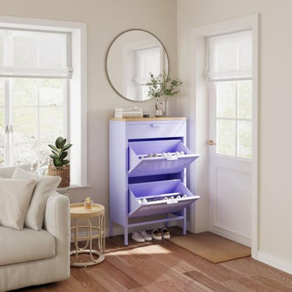 3-Tier Shoe Cabinet with Wood Top and Metal Frame, with Legs, Multi-Functional Metal and Wood Cabinet, Multi-Level Space, Easy Assembly for Home, Entryway, Hallway Purple - color: Lilac, style: Cabinet-40"H-YD