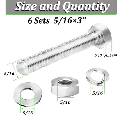 6 Sets 5/16-18 x 3" Stainless Steel Hex Head Screws Bolts, Flat, Nuts & Lock Washers,Hex Bolts 18-8(304) Full Thread - color: Silver-hex, size: 5/16-18x3"(6 sets)