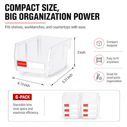 6 Pack Stackable Plastic Parts Bins, 5x4x3 in, Clear - color: Clear-6 Pack, size: 5"x4"x3"
