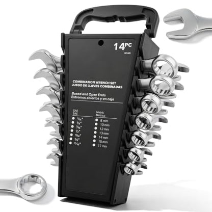 Tempest 14 Piece Combination Wrench Set, Metric & SAE (8-17mm, 5/16-11/16 inch) with Compact Organizer Rack, Drop Forged Steel Mechanics Hand Tools Kit for Automotive Repair, Home DIY, Workshops